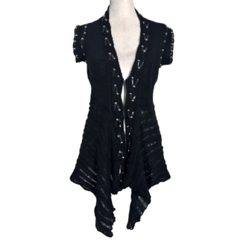 Vintage Boho LILY Black Knit Sweater Short Sleeved Cardigan Leather Fringe Open